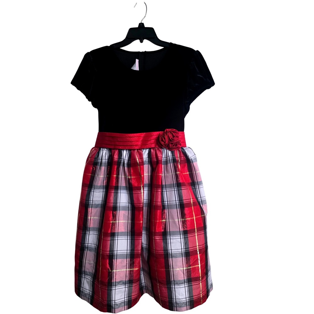 Bonnie Jean Girls Black Velvet Plaid Holiday Dress‎ Size 20 1/2